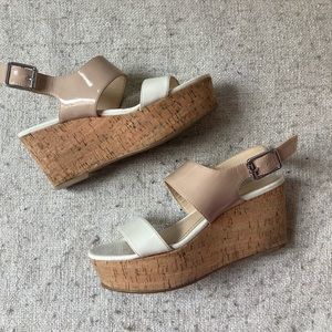 CALVIN KLEIN "LORIANNE" TWO-TONE CORK WEDGE SANDAL
